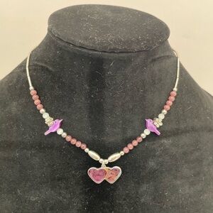 Vintage Amethyst Beads and Purple Hearts Necklace with Bird Accents